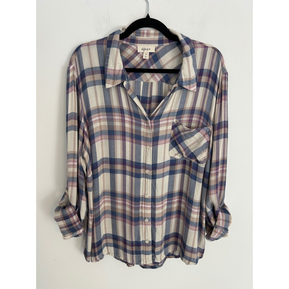 Style & Co Flannel XL Plaid Button Down Shirt Roll Tab Sleeve Blue Purple Tan